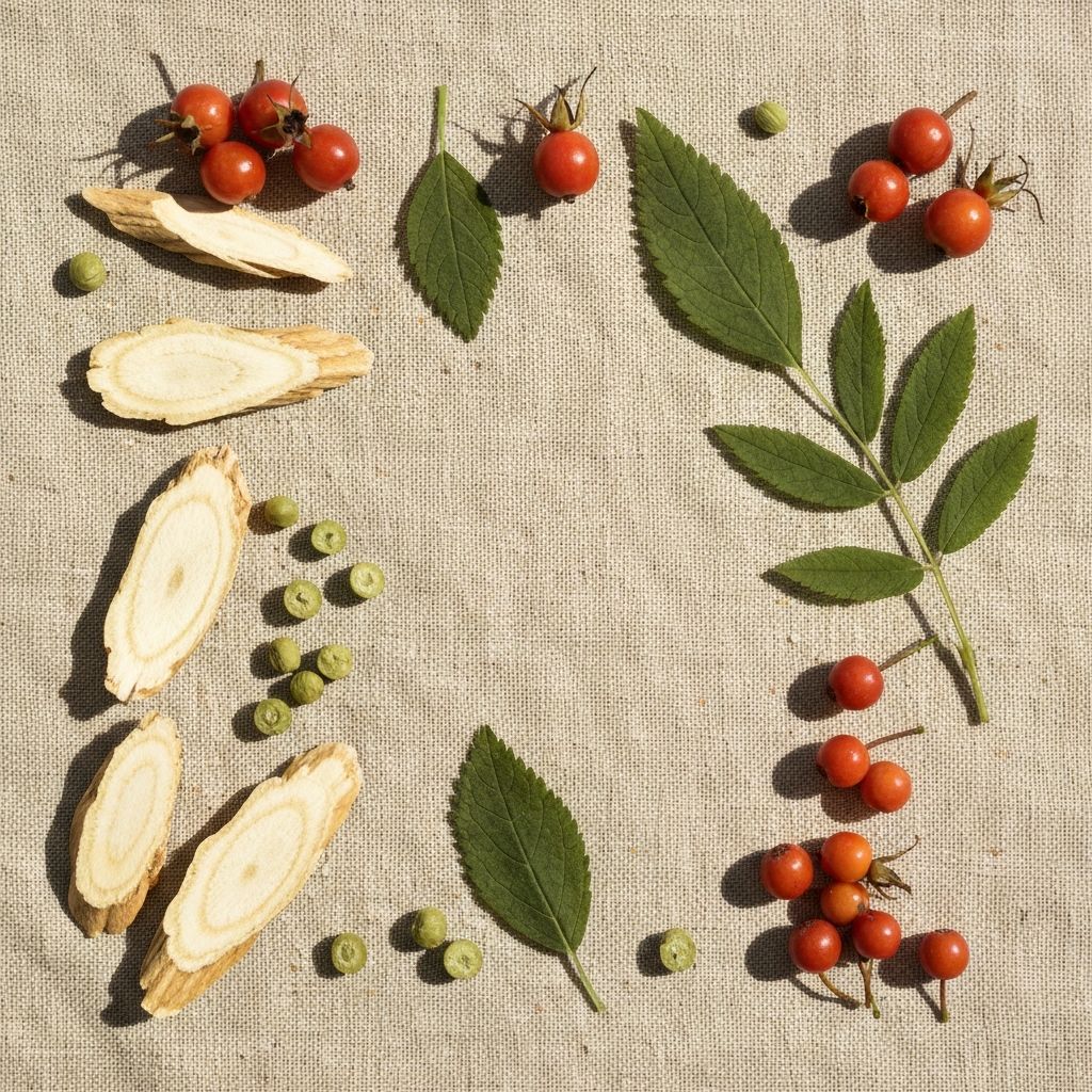 Kompozycja roślin adaptogennych na tkaninie lnianej