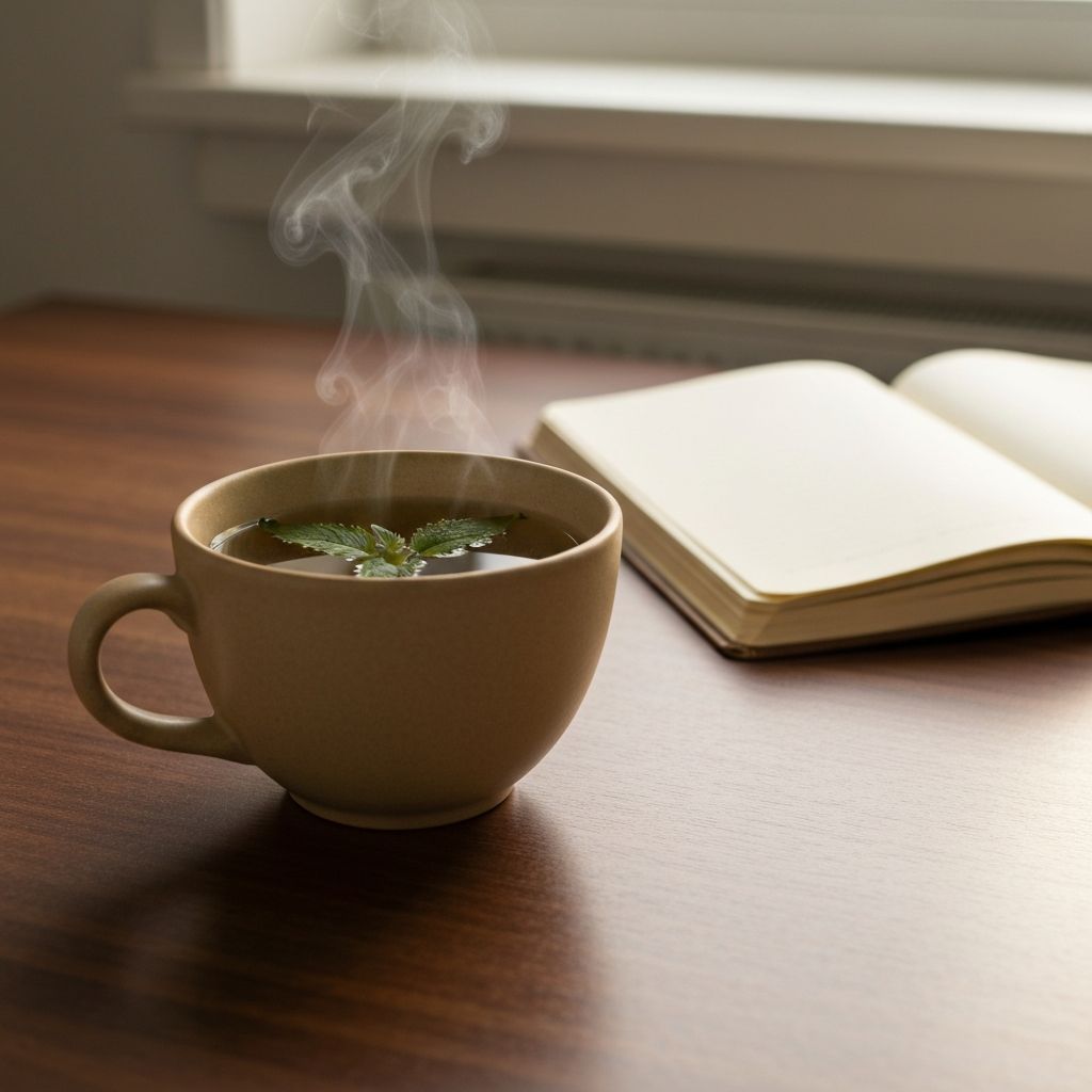 Spokojna scena: ceramiczna filiżanka z herbatą, świeża melisa i spokojne miejsce pracy